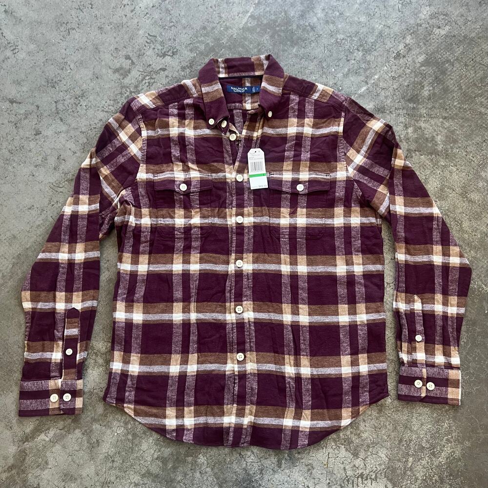 Nautica Flannel Shirt L NWT Burgundy Brown Plaid Gorpcore Streetwear